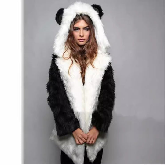Damen Kuschelige Felljacke mit tierischen Ohren EB
