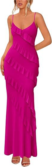 Damen Maxikleid mit Rüschen und Spaghettiträgern EB