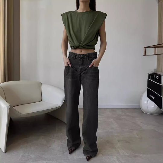 Damen nan hochgeschnittene weite Denim-Hose mit V-förmiger Bundnaht und extra-langem Bein EB