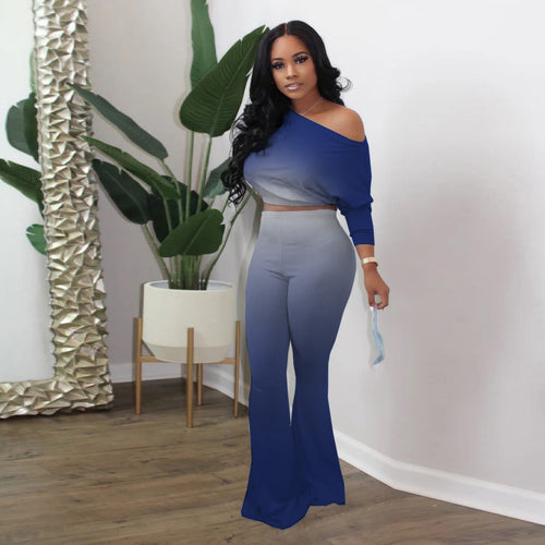 Damen Lässiges Ombre Set mit stilvollem Off-Shoulder Oberteil und figurbetonten Hosen EB
