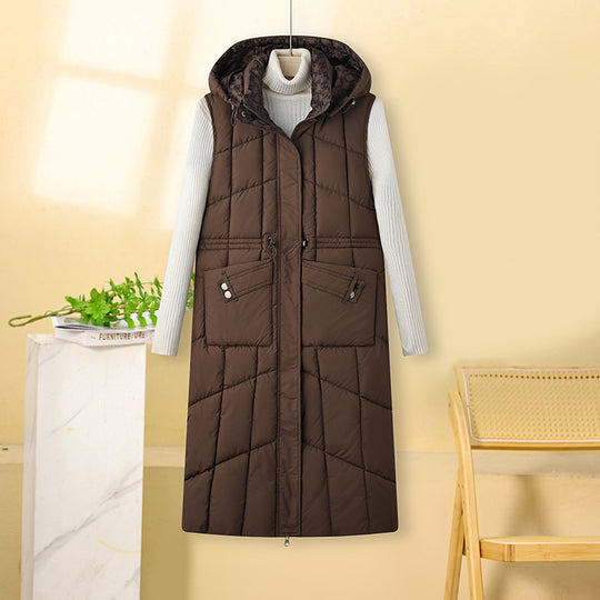 Damen nan langer ärmelloser Thermo-Steppmantel mit Kapuze, taillierbarem Tunnelzug und Multifunktionstaschen EB