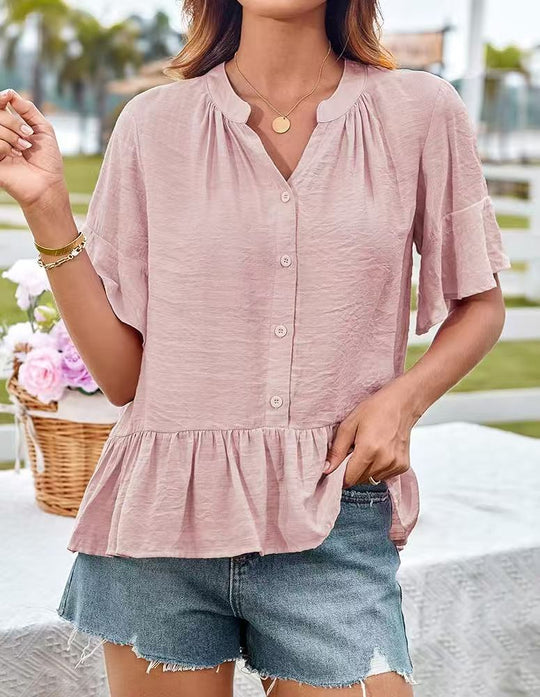 Damen Bluse mit Rüschenschößchen und halblangen Ärmeln EB