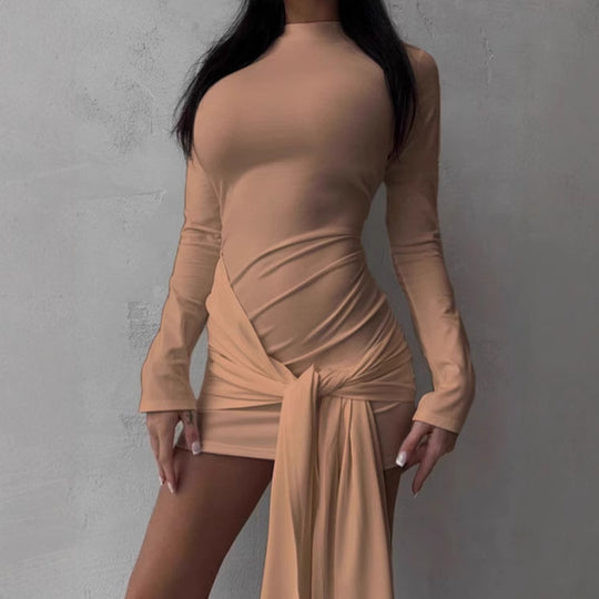 Damen figurbetontes Wickelkleid mit langen Ärmeln und eleganter Drapierung EB