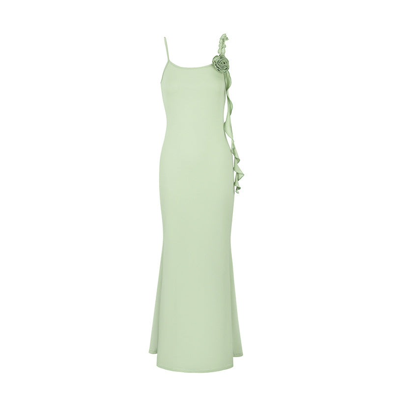 Damen Elegantes Maxikleid mit floralem Necktie und asymmetrischen Rüschen EB