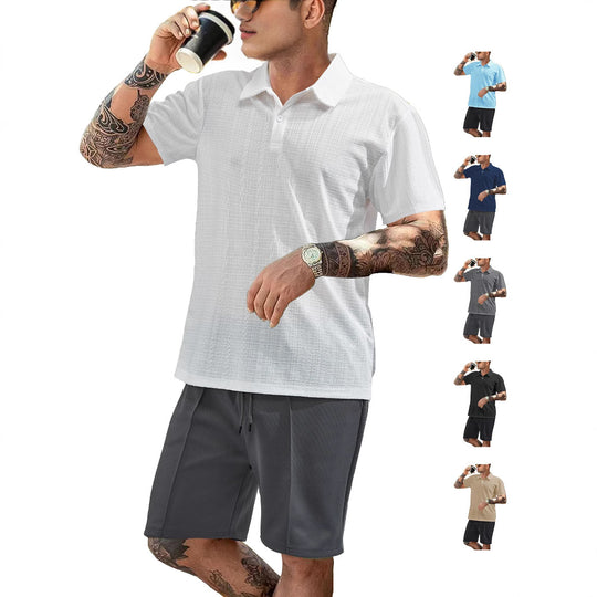 Herren nan zweiteiliges Sommer-Reise-Set mit texturiertem Kurzarm-Poloshirt und funktionalen Mesh-Shorts EB