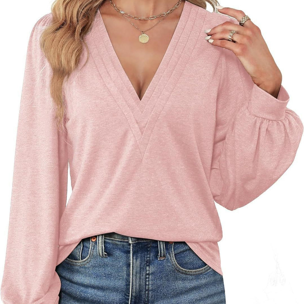 Damen Elegantes Blusenshirt mit V-Ausschnitt und puffförmigen Ärmeln EB