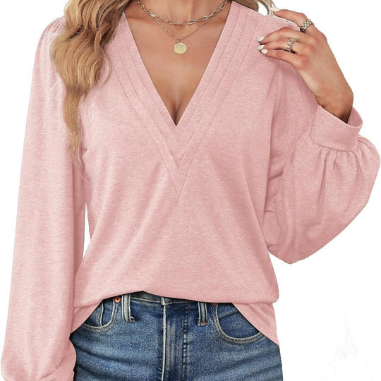 Damen Elegantes Blusenshirt mit V-Ausschnitt und puffförmigen Ärmeln EB