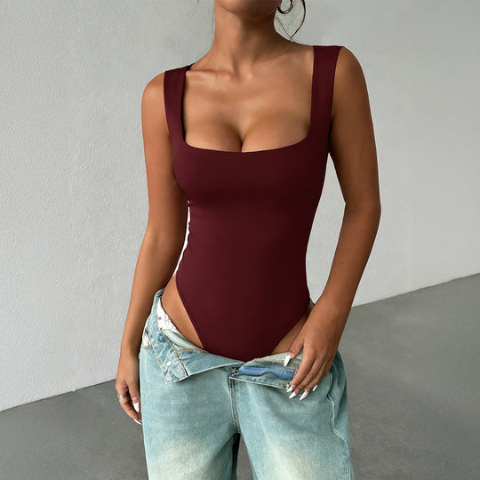Damen eleganter Hochschnitt Badeanzug mit Quadrat-Ausschnitt EB