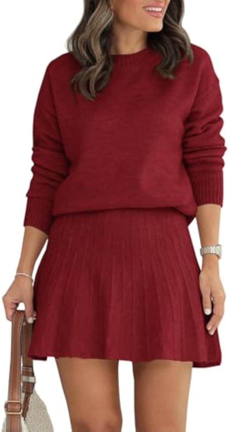 Damen Zweiteiliges Strick-Set mit Rundhals-Pullover und Plissée-Minirock EB