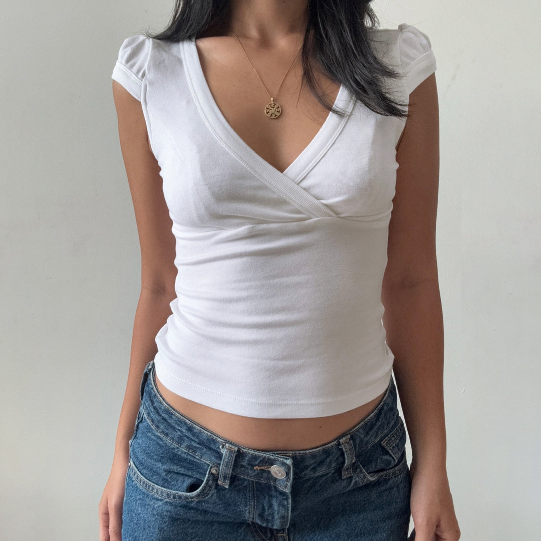 Damen Wickelshirt mit elegantem V-Ausschnitt und figurbetontem Schnitt EB