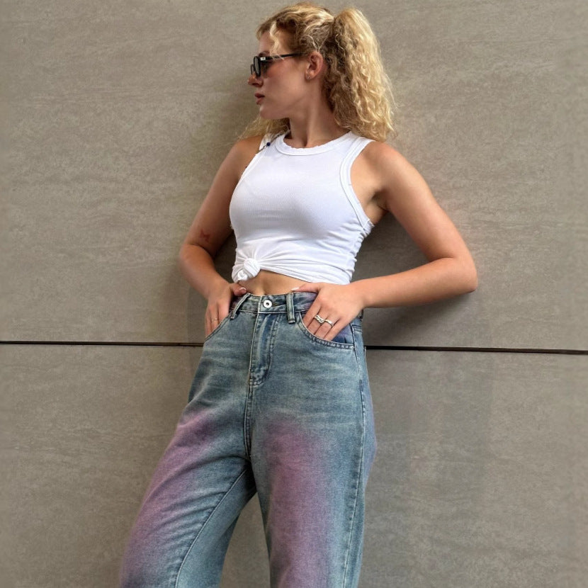 Damen Wide-Leg Jeans mit farbverlaufendem Design und hohem Bund EB