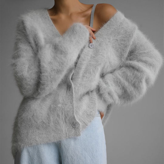 Damen Flauschiger Oversize-Knopfcardigan mit tiefem V-Ausschnitt und Eingrifftaschen EB