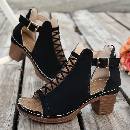 Damen Elegante und modische Schnürsandalen mit Blockabsatz EB