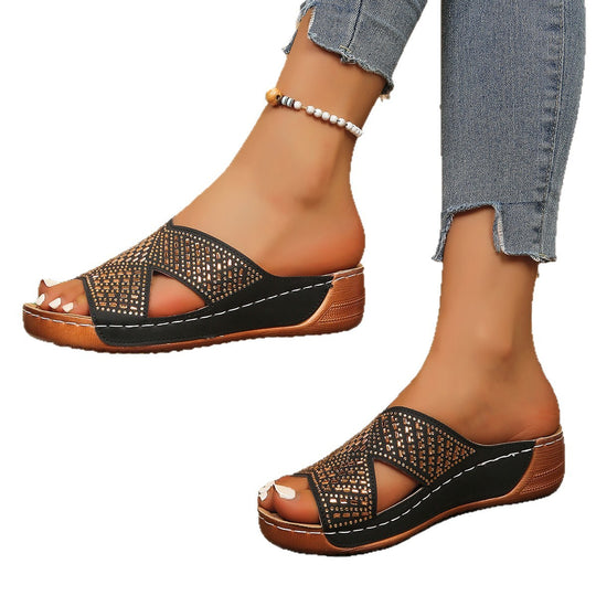 Damen Bequeme Zehentrenner-Pantoletten mit modischem Gewebe-Overlay EB