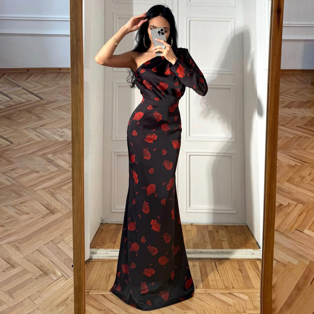 Damen Maxi-Kleid mit asymmetrischem Design und eleganten floralem Muster EB