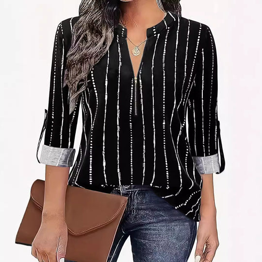 Damen Hemdblusenshirt mit elegantem Reißverschluss und modernem Streifenmuster EB