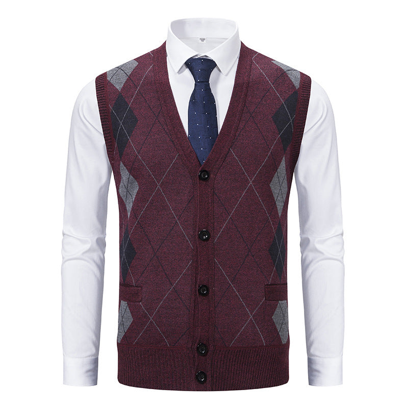 Herren elegante Strickjacke mit Rautenmuster und praktischen Taschen EB