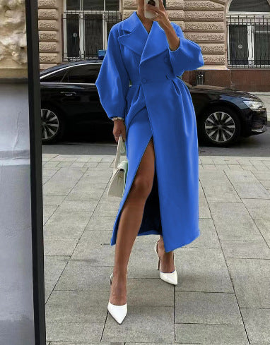 Damen nan taillierter Doppelreihiger Trenchcoat mit weitem Ärmel und hohem Beinschlitz EB