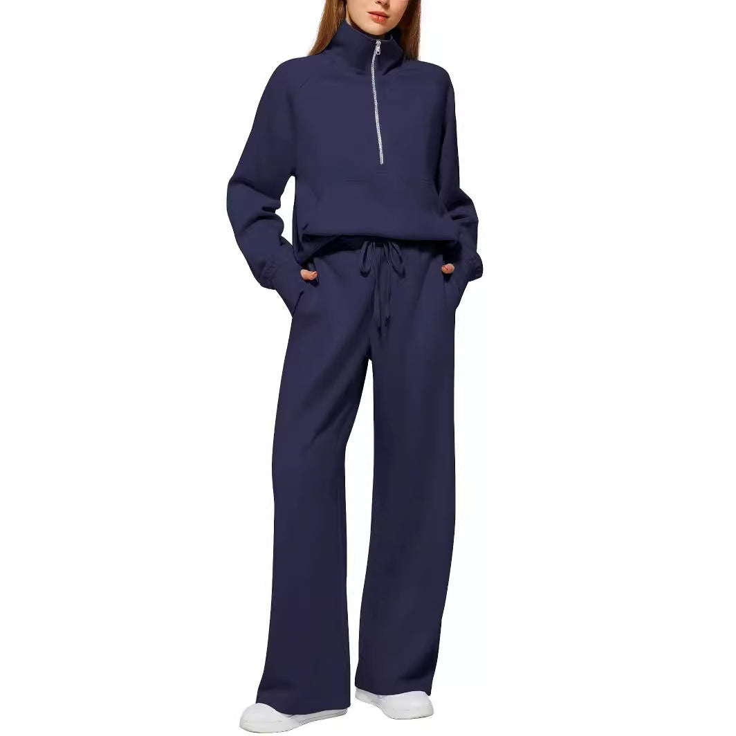Damen nan halbzip Lounge-Set mit hohem Stehkragen, Kängurutasche und weiten Highwaist-Jogginghose EB