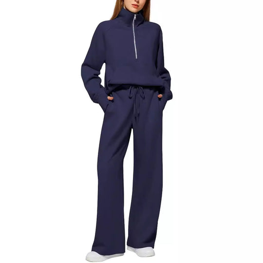 Damen nan halbzip Lounge-Set mit hohem Stehkragen, Kängurutasche und weiten Highwaist-Jogginghose EB
