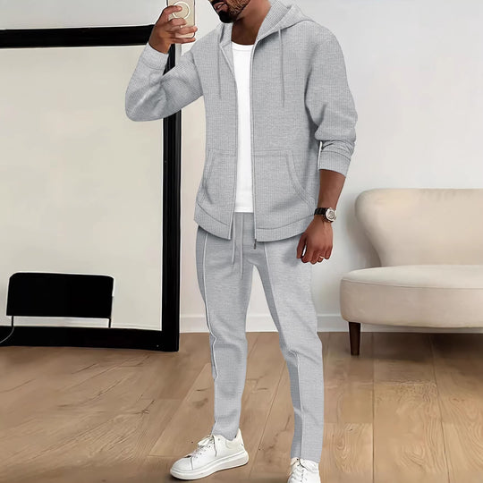 Herren nan Waffelstruktur-Jogginganzug mit Kapuzen-Zipjacke und konisch geschnittener Jogginghose EB