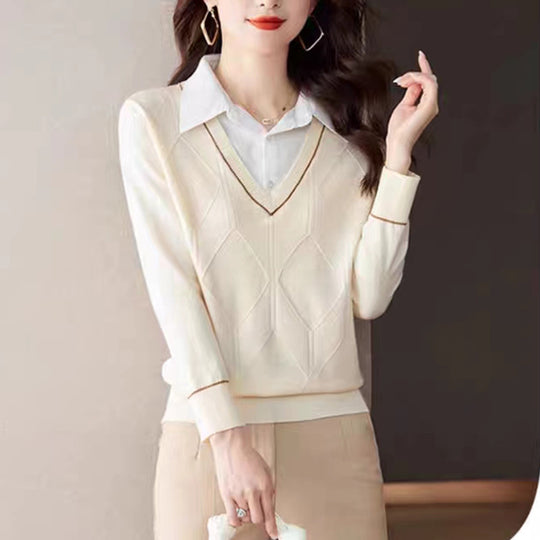 Damen gestrickter Pullover mit v-ausschnitt und strukturiertem Diamantmuster EB