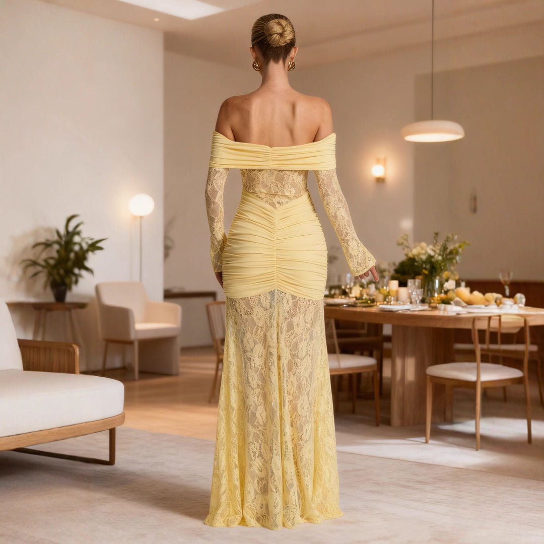 Damen Elegantes Spitzen Abendkleid mit schulterfreier Silhouette und raffinierten Rüschendetails EB