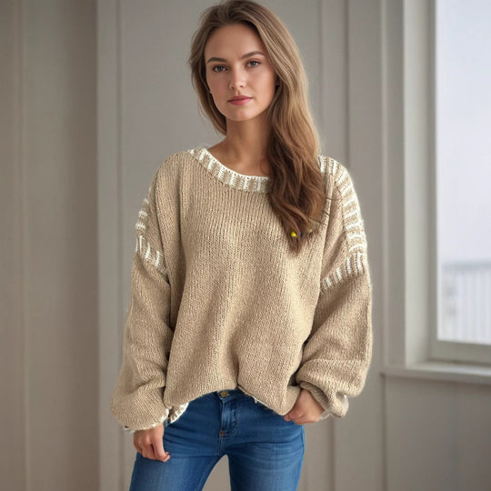 Damen lässiger Oversized-Pullover mit modischem Streifenmuster und strukturiertem Design EB