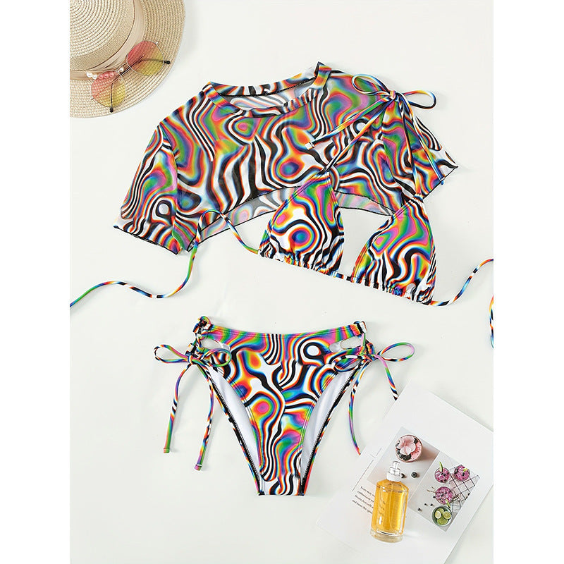 Damen Zweiteiliges Bikini-Set mit transparenter Crop-Top und eleganten Schnürdetails EB