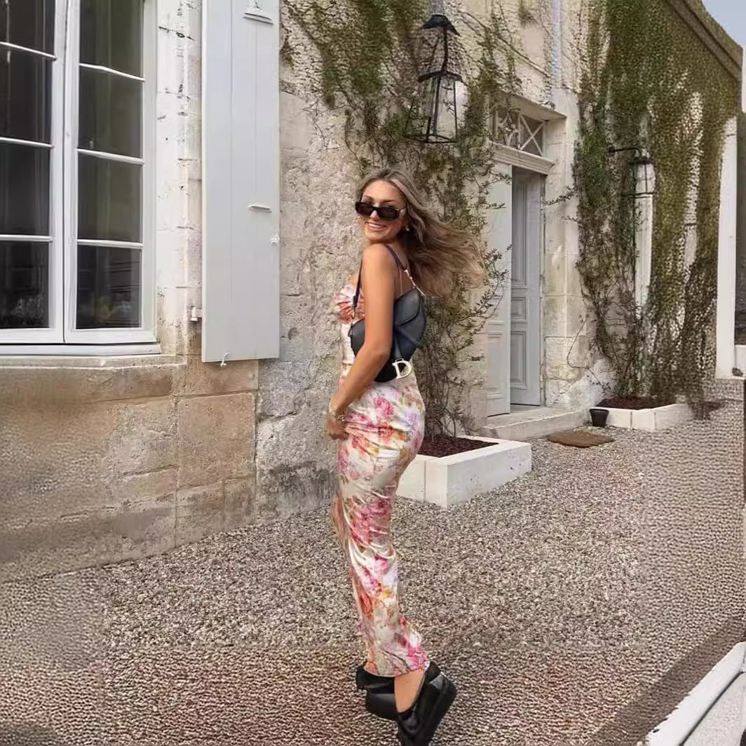 Damen bodenlanges Blumen-Minikleid mit Spaghettiträgern und Raffungen EB