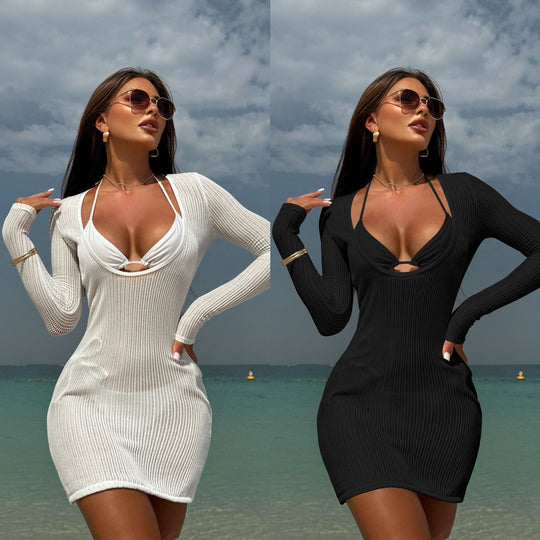 Damen körperbetontes Strandkleid mit langen Ärmeln und raffinierter Ausschnitt EB