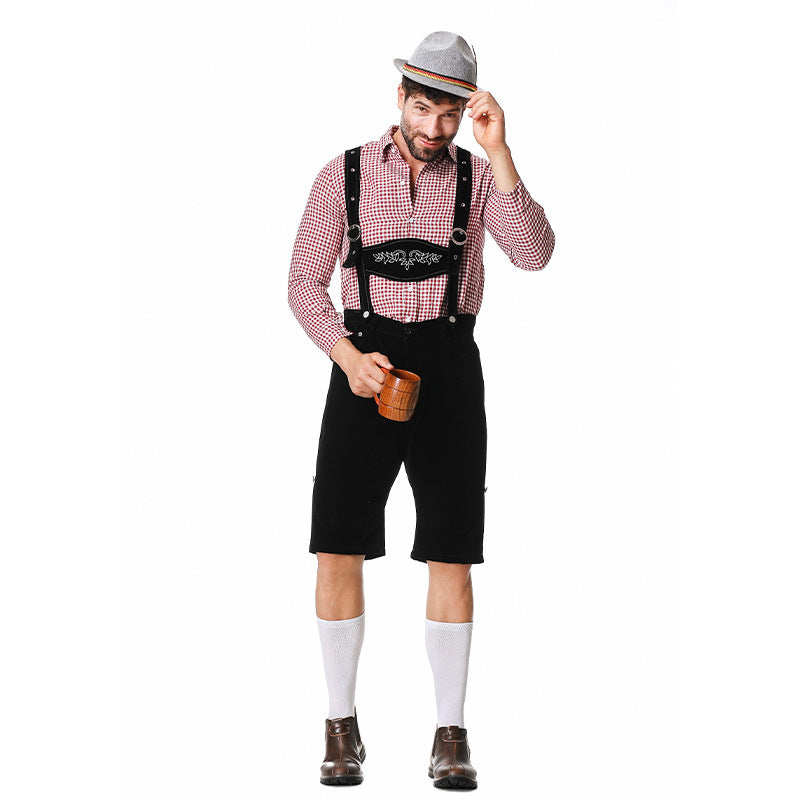 Herren nan authentische Trachten-Kniebundhose aus wildlederähnlichem Material mit verstellbaren Trägern und besticktem Brustlatz EB