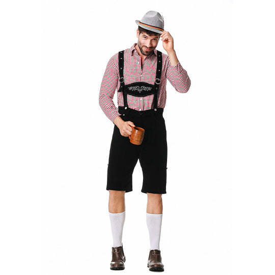 Herren nan authentische Trachten-Kniebundhose aus wildlederähnlichem Material mit verstellbaren Trägern und besticktem Brustlatz EB