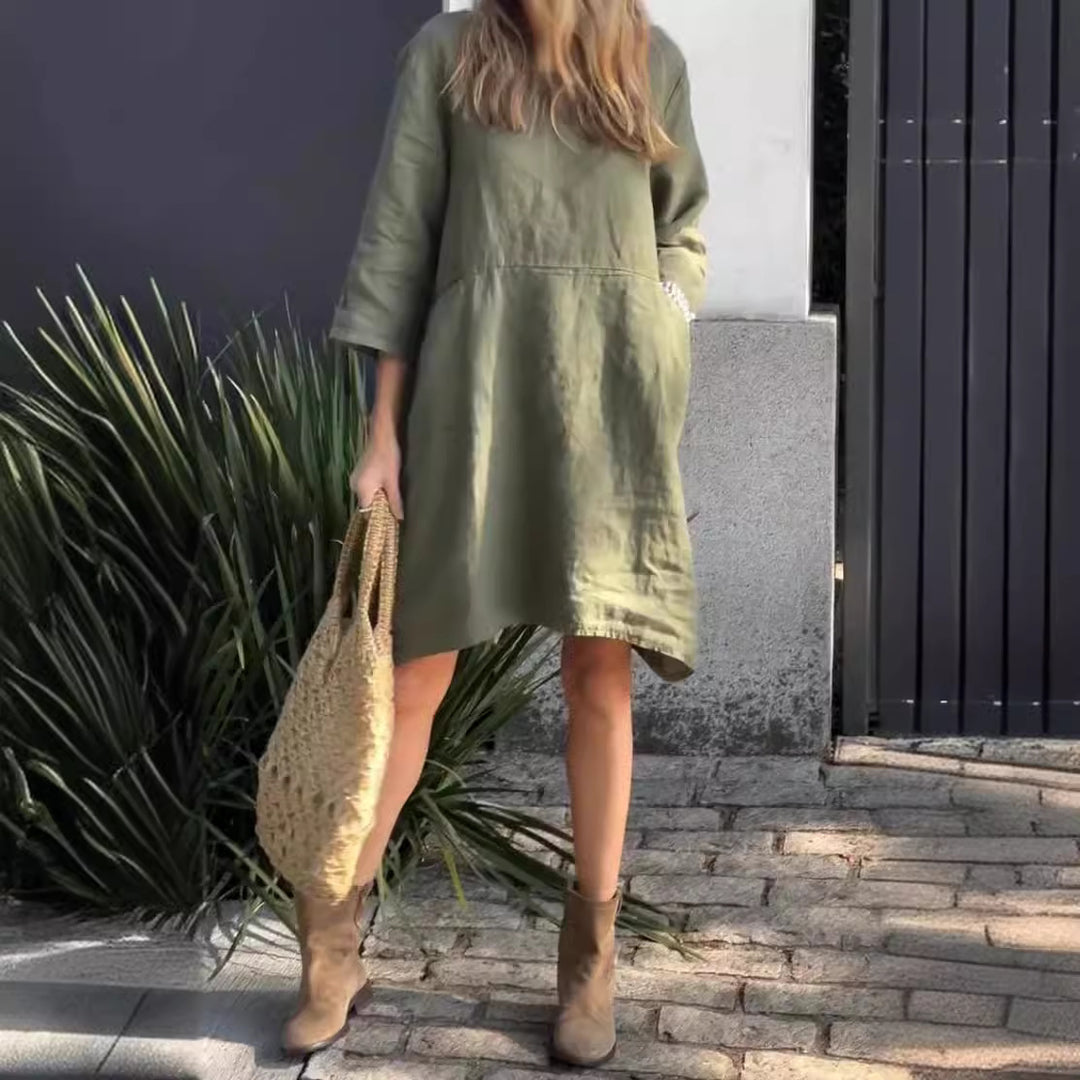 Damen lässiges Leinenkleid mit praktischen Taschen und asymmetrischem Saum EB