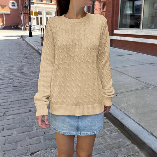 Damen nan grob gestrickter Zopfstrickpullover mit Rundhalsausschnitt, entspannter Oversize-Passform und gerippten Bündchen EB