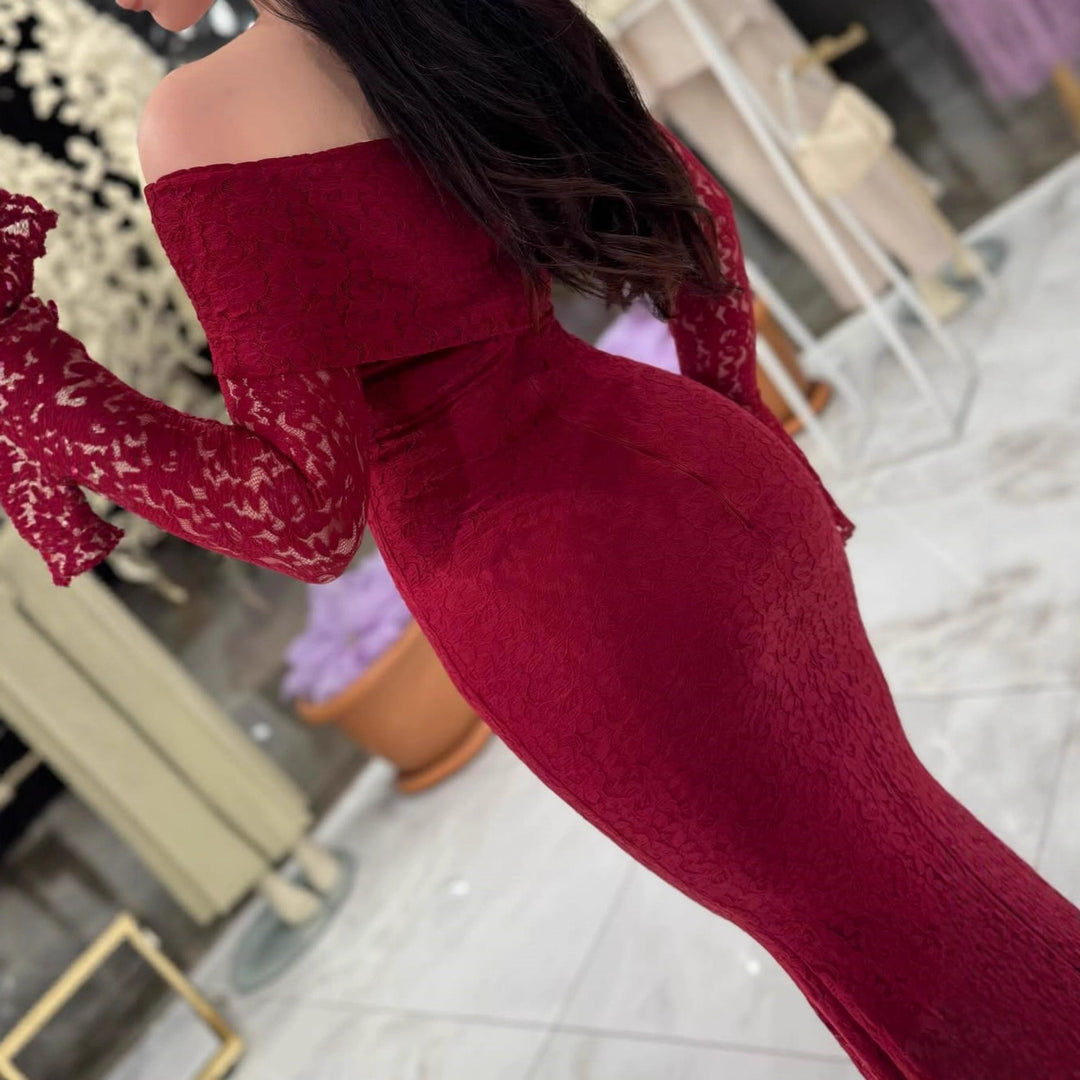Damen Elegantes Spitzenkleid mit Off-Shoulder Design und Schößchen EB