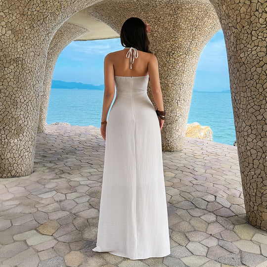 Damen Maxi-Urlaubs- und Strandkleid mit tiefem V-Ausschnitt und Rückenlöcher EB