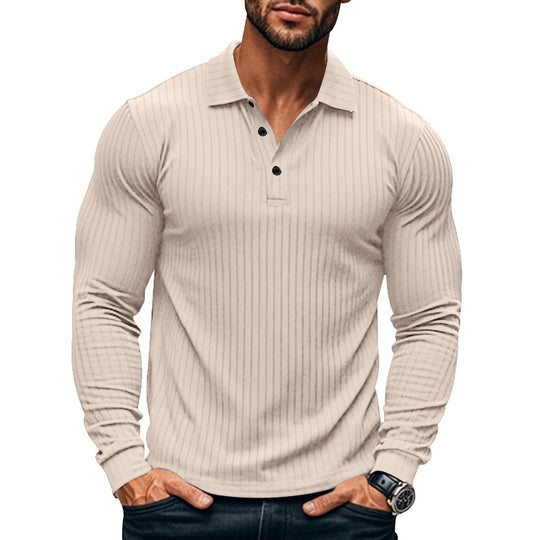 Herren nan eng anliegendes geripptes Langarm-Poloshirt mit Kentkragen und kurzer Knopfleiste EB