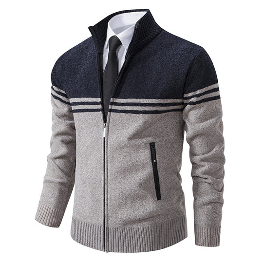 Herren sportliche und modische Strickjacke mit Reißverschluss und kontrastierenden Streifen EB