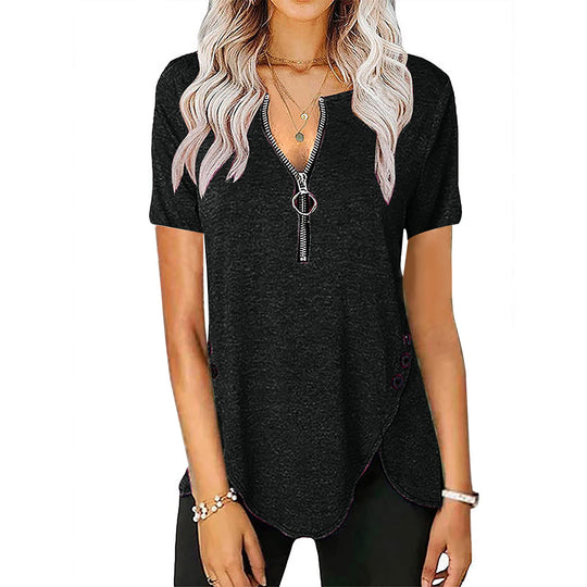 Damen Kurzarmshirt mit asymmetrischem Saum und Reißverschluss EB
