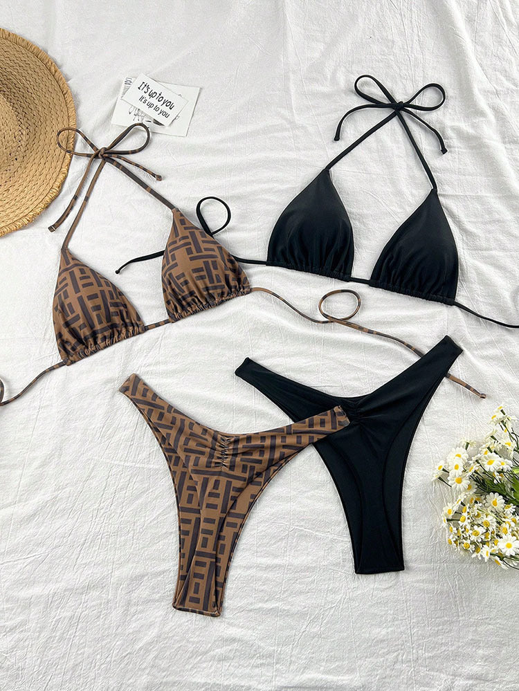 Damen Triangel-Bikini-Set mit verstellbaren Trägern und floralem Leopardenmuster EB