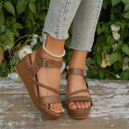 Damen Keil-Sandalen mit geflochtenem Riemen und verstellbarem Schnallenverschluss EB