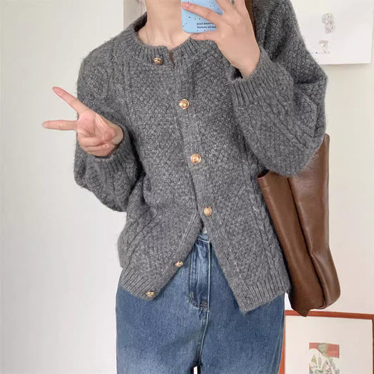 Damen Gemusterte Strickjacke mit goldenen Knöpfen und weitem Schnitt EB