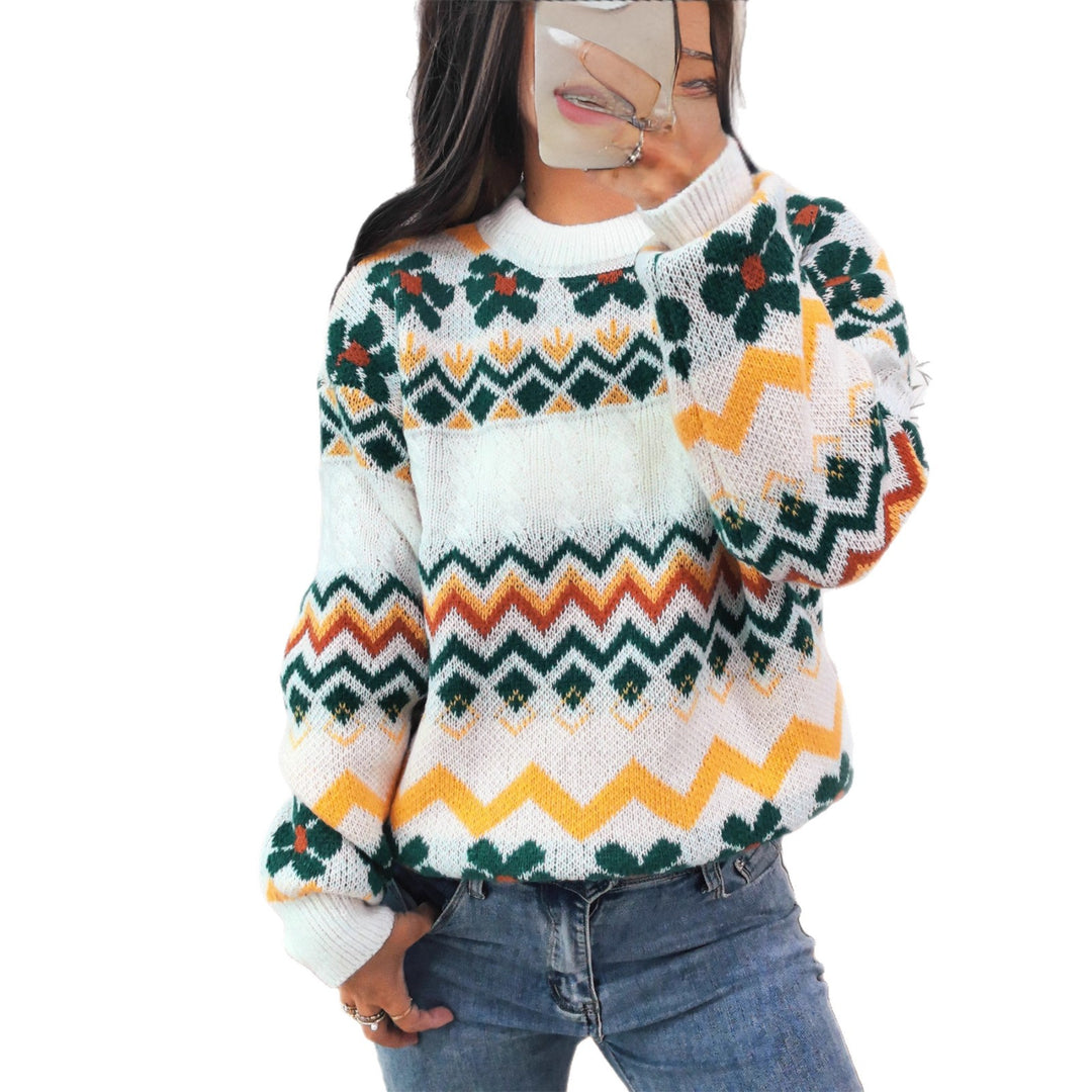 Damen Grobstrickpullover mit buntem Zickzackmuster und floralen Akzenten EB