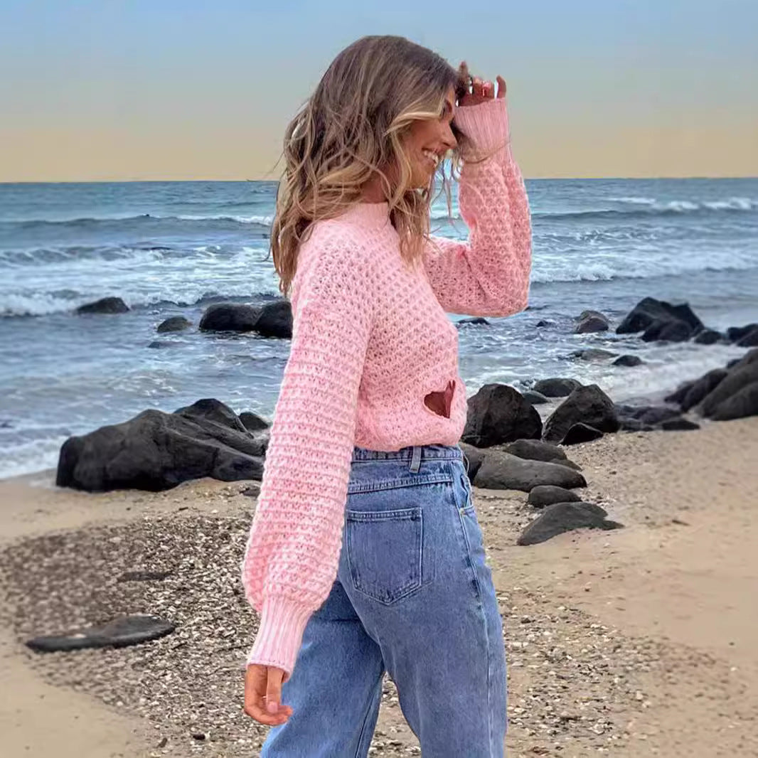 Damen Grob gestrickter Pullover mit Herzverzierungen und lockerem Schnitt EB