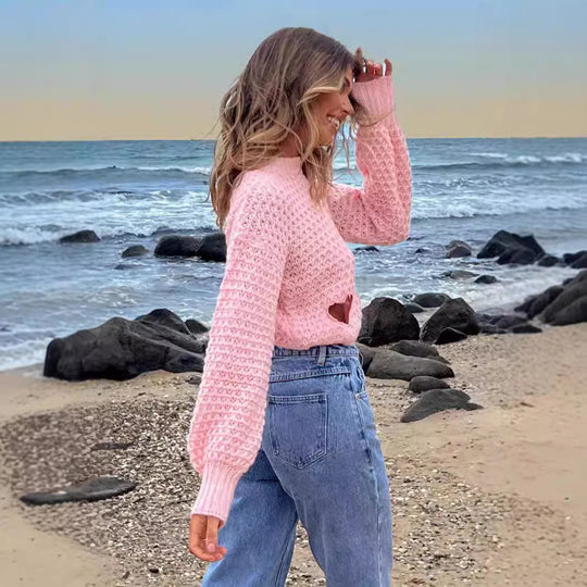 Damen Grob gestrickter Pullover mit Herzverzierungen und lockerem Schnitt EB