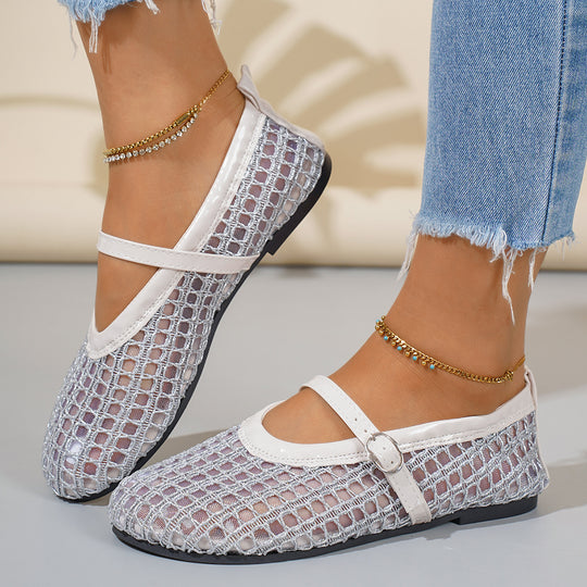 Damen Ballerinas mit eleganter Schnallenapplikation und atmungsaktiver Netzstruktur EB
