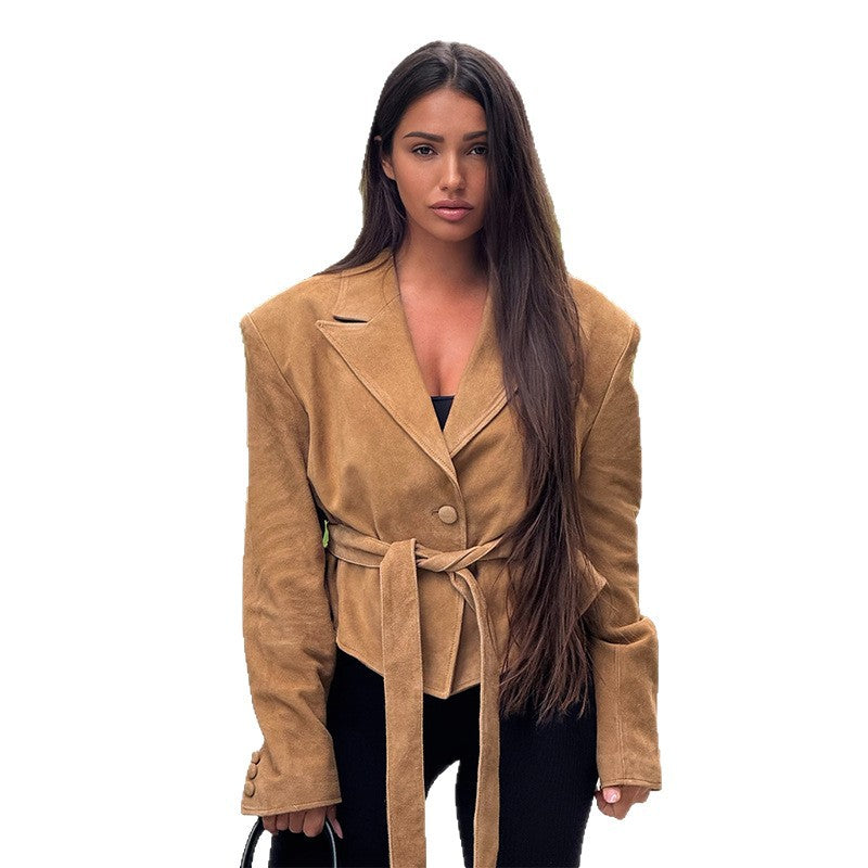 Damen Samt Blazer mit Taillengürtel EB