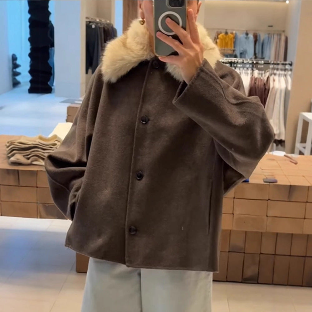 Damen elegante Oversized-Jacke mit Sherpa-Kragen EB