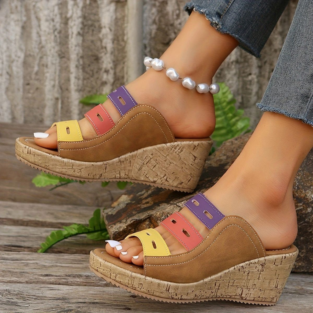Damen Wedge-Pantoletten mit buntem Riemendesign und Korksohle EB